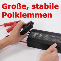 Die großen Polklemmen sind ideal geeignet für den Anschluss an großen Batterie-Polklemmen.