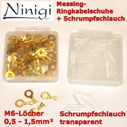 Optional: 50 Stück Messing-Ringkabelschuhe und 1m transparenter Schrumpfschlauch.