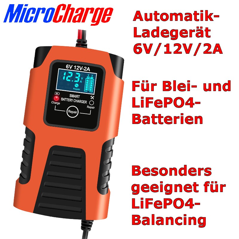 Kleiner Automatik-Lader für Blei- und LiFePO4-Batterien mit 6V und 12V