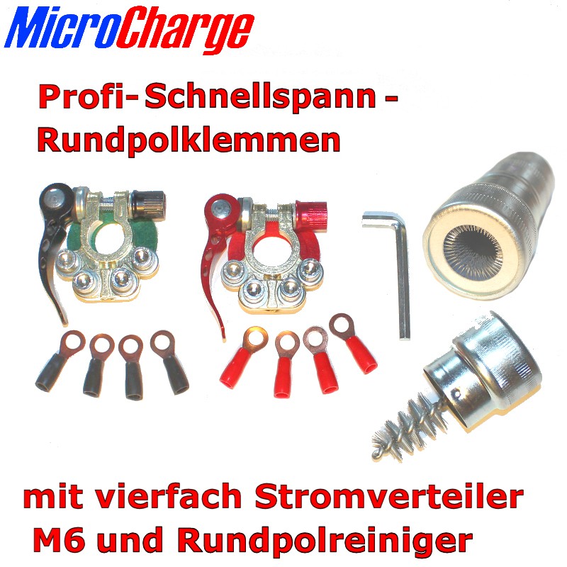 Profi-Schnellspann-Rundpolklemmen mit M6-Schraubanschlüssen und Batteriepolreiniger