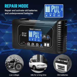 Für Blei und LiFePO4-Batterien mit 12 und 24V, Ladestrom umschaltbar in drei Stufen.