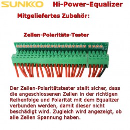 Mitgeliefertes Zubehör: Polaritätsprüfer für 4-24 Zellen, Schraubendreher, Stecker und Kabel.