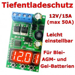 Tiefentladeschutz 12V/15A für Blei-, AGM- und Gel-Batterien.