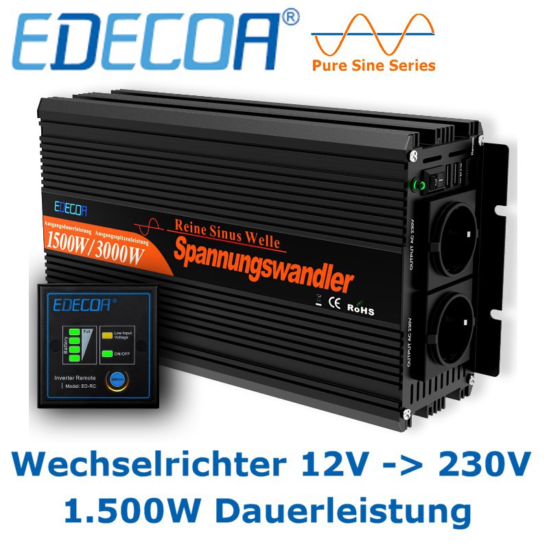 Ab EUR 222,69: Hochwertiger EDECOA-Wechselrichter mit 1.500W Dauerleistung  Steuersatz 0% MwSt. (Solarförderung gemäß §12 Abs. 3 UStG.)