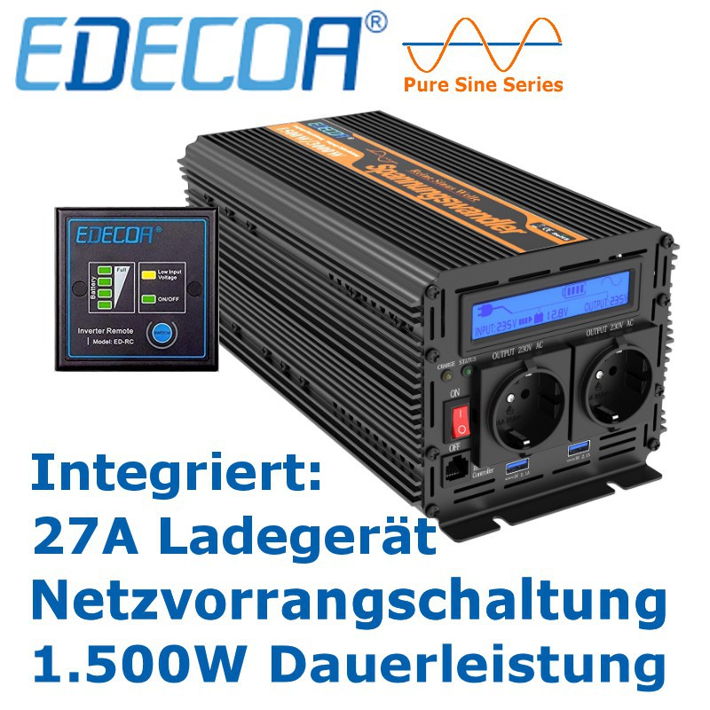 Ab EUR 327,73: EDECOA Pro Wechselrichter 1500W mit Ladegerät und  Netzvorrangschaltung Steuersatz 0% MwSt. (Solarförderung gemäß §12 Abs. 3  UStG.)