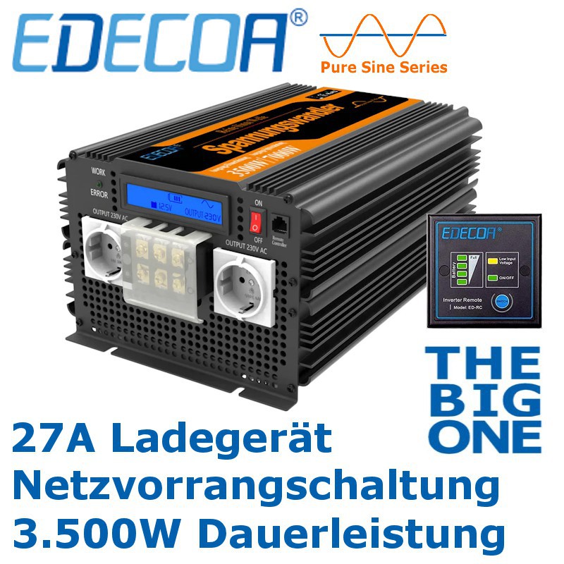 Ab EUR 453,78: Wechselrichter EDECOA Pro 12V, 3,5kW, INKLUSIVE  Netzvorrangschaltung + 27A-Ladegerät! Steuersatz 0% MwSt. (Solarförderung  gemäß §12 Abs. 3 UStG.)