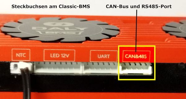 Buchsenfeld eines Daly Classic-BMS. Die Buchse mit den CAN-Bus/RS485-Ports befindet sich ganz rechts und hat fünf Pins.